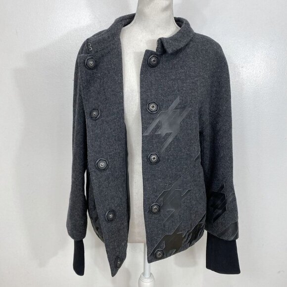 LAMB WOMEN'S GREY WOOL BLACK FAUX LEATHER GEO APPLIQUE BOMBER JACKET - 4 - Picture 6 of 11